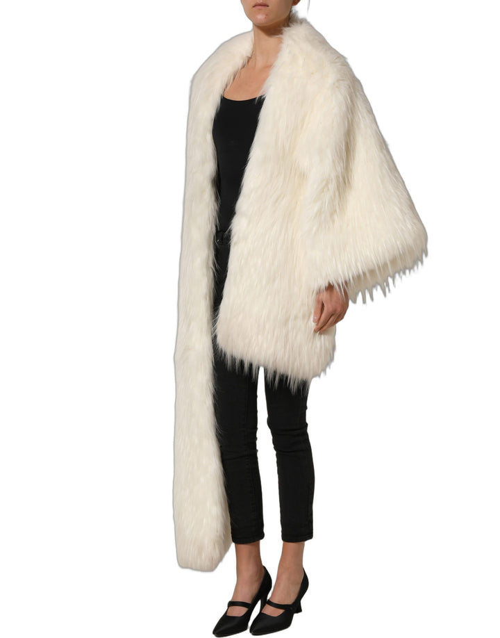 Dolce &amp; Gabbana White Faux Fur Long Sleeves Coat Jacket