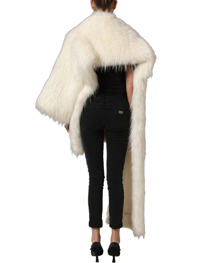 Dolce &amp; Gabbana White Faux Fur Long Sleeves Coat Jacket