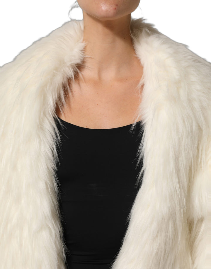 Dolce &amp; Gabbana White Faux Fur Long Sleeves Coat Jacket
