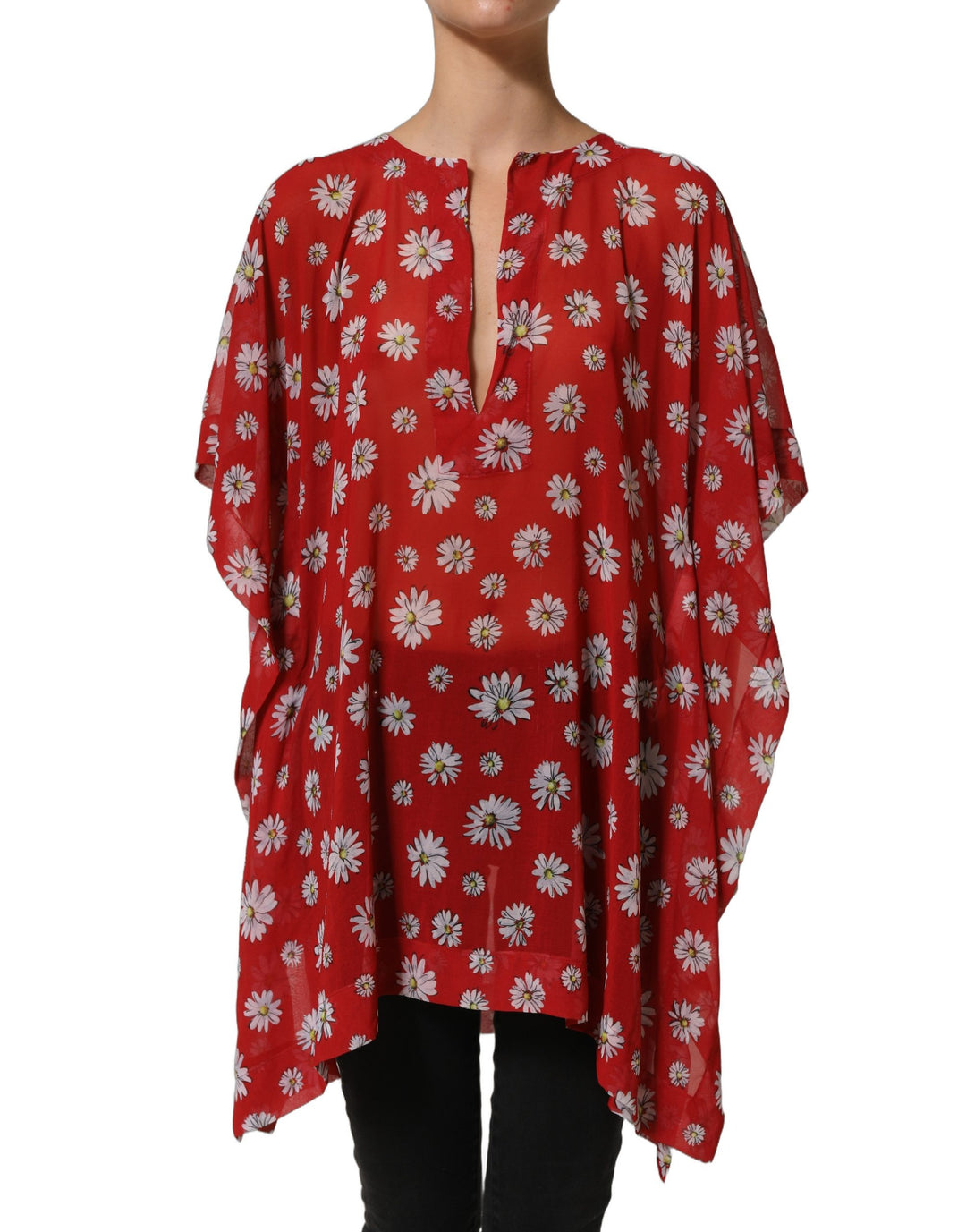 Dolce &amp; Gabbana Red Floral V-neck Polyester Kaftan Blouse Top