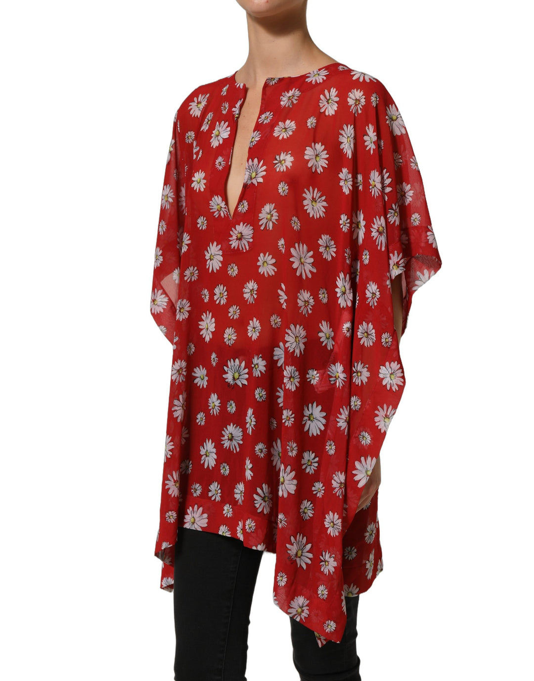 Dolce &amp; Gabbana Red Floral V-neck Polyester Kaftan Blouse Top