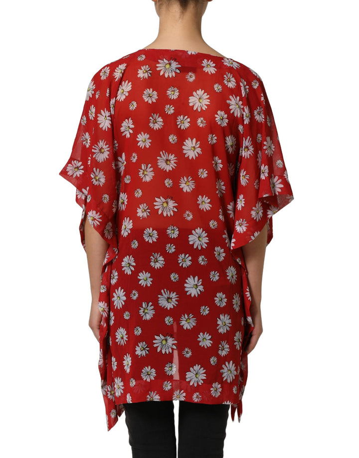 Dolce &amp; Gabbana Red Floral V-neck Polyester Kaftan Blouse Top