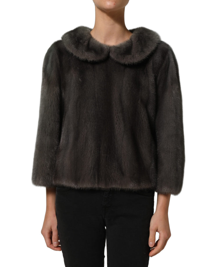 Dolce &amp; Gabbana Dark Gray Mink Fur Round Collar Blouse Top