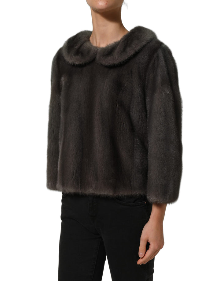 Dolce &amp; Gabbana Dark Gray Mink Fur Round Collar Blouse Top