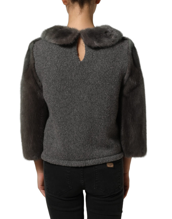 Dolce &amp; Gabbana Dark Gray Mink Fur Round Collar Blouse Top
