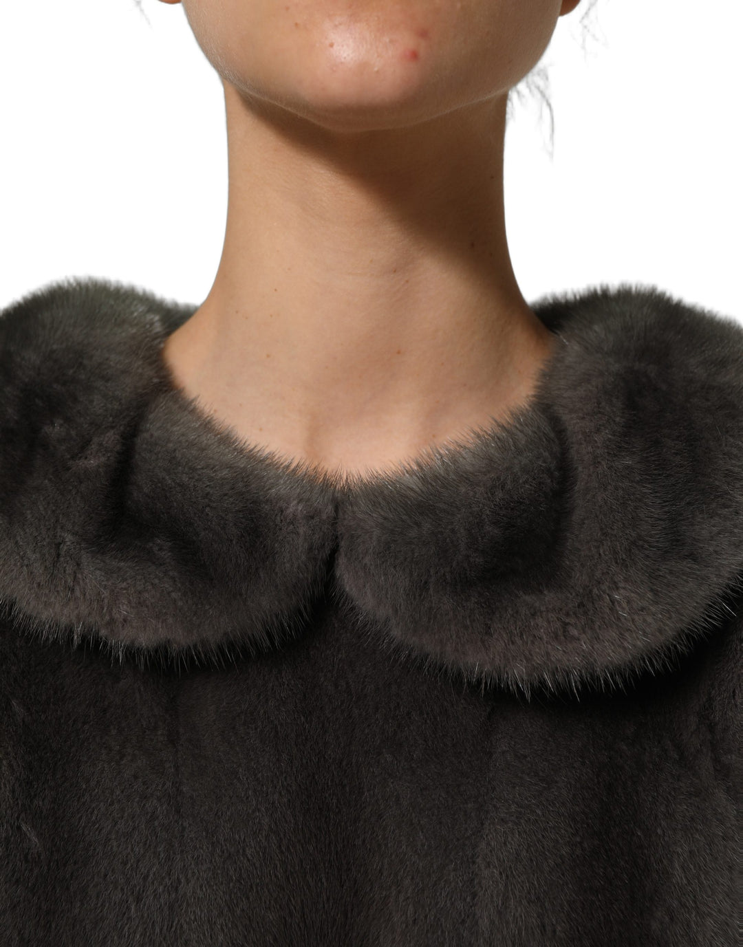 Dolce &amp; Gabbana Dark Gray Mink Fur Round Collar Blouse Top