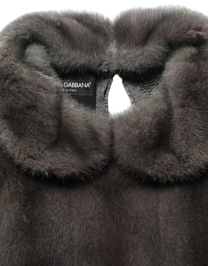 Dolce &amp; Gabbana Dark Gray Mink Fur Round Collar Blouse Top