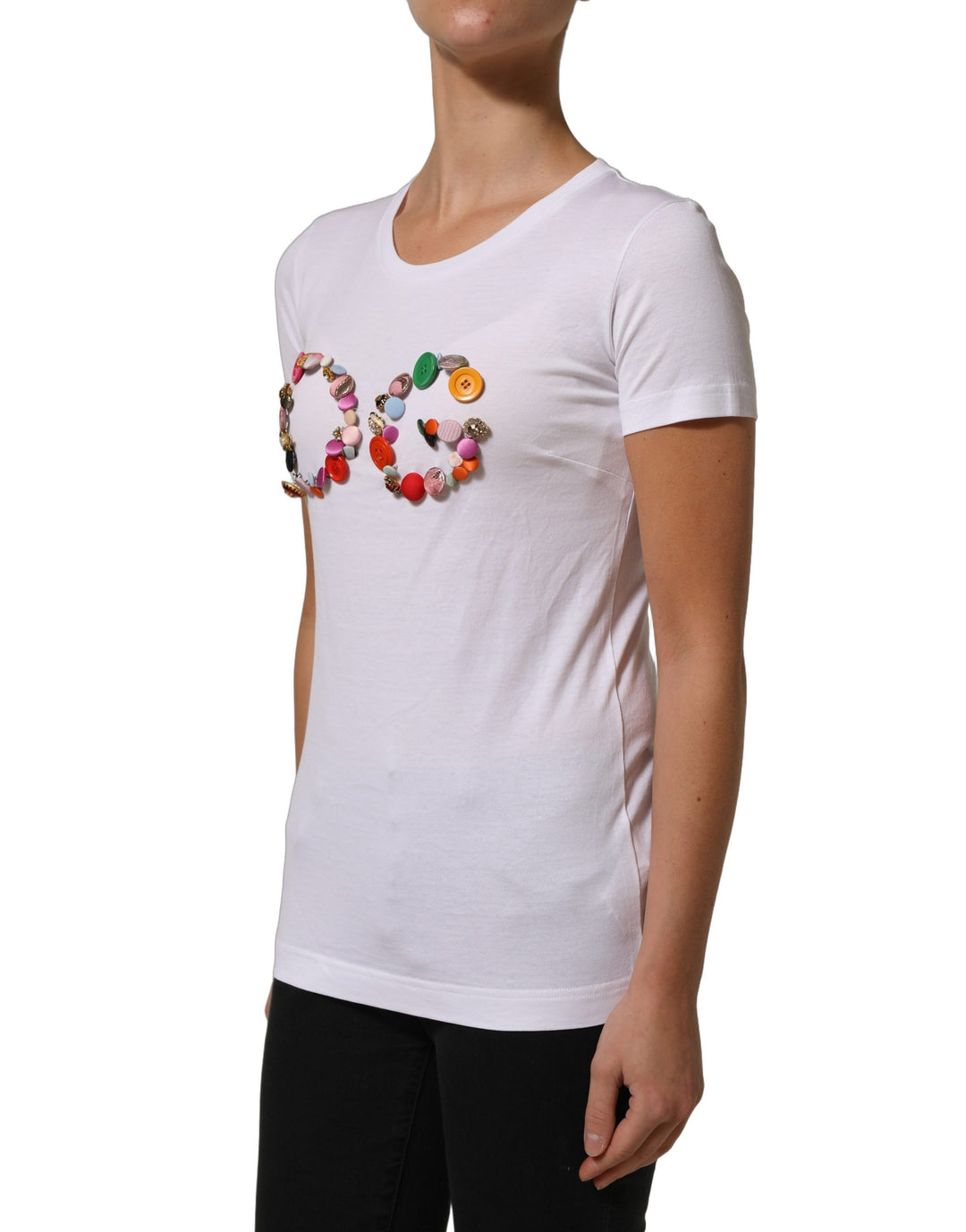 Dolce &amp; Gabbana White DG Logo Embellished Round Neck T-shirt