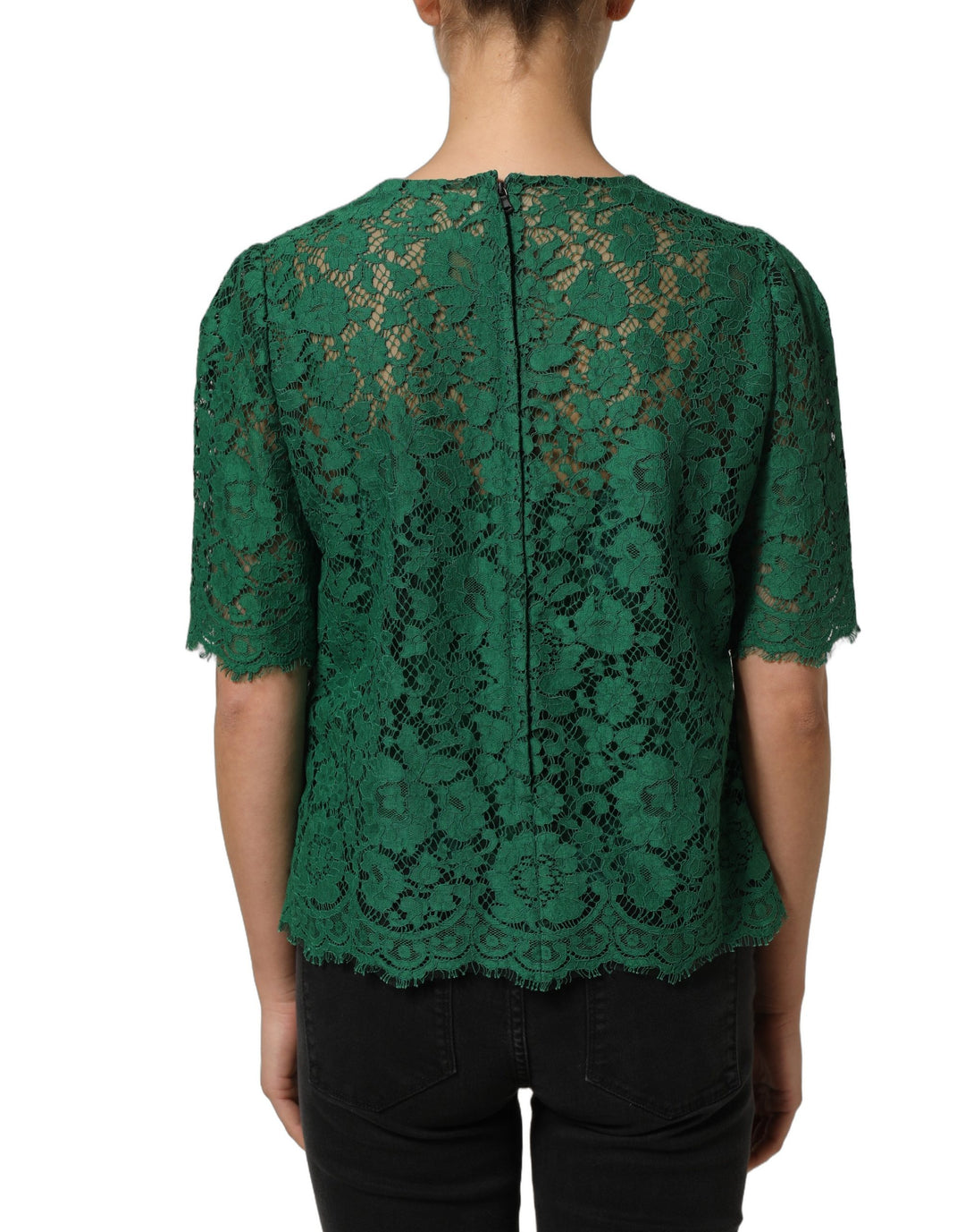 Dolce &amp; Gabbana Green Floral Lace Round Neck Blouse Top