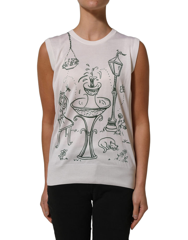 Dolce &amp; Gabbana White Silk Knit Garden Fountain Print Tank Top