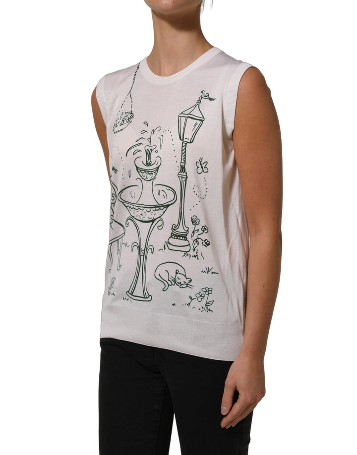 Dolce &amp; Gabbana White Silk Knit Garden Fountain Print Tank Top