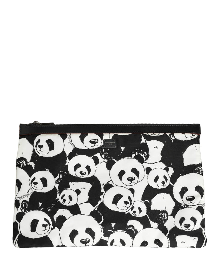Dolce &amp; Gabbana Black White Panda Print Nylon Clutch Men Pouch Borse Bag