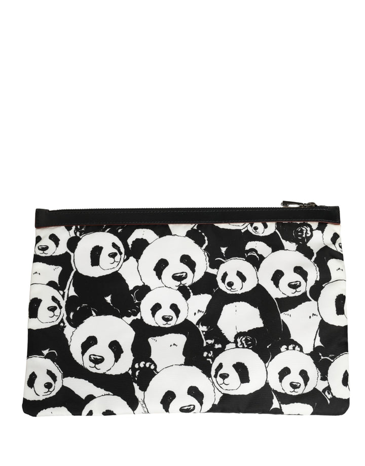 Dolce &amp; Gabbana Black White Panda Print Nylon Clutch Men Pouch Borse Bag