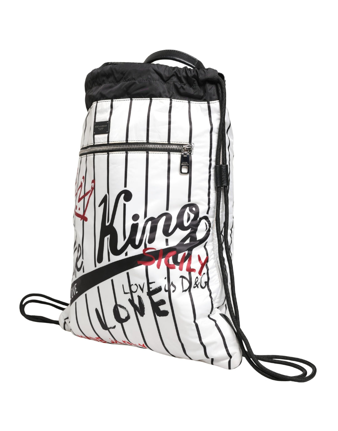 Dolce &amp; Gabbana Black White Striped Polyester Drawstring Backpack Men Bag