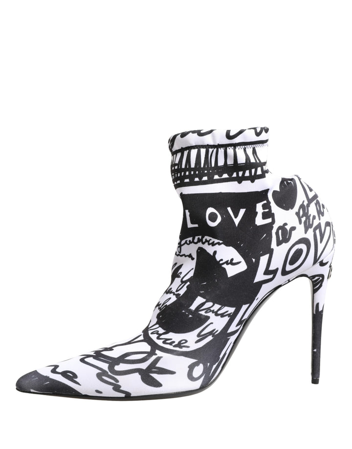 Dolce &amp; Gabbana White Graffiti Stretch Ankle Boots Shoes