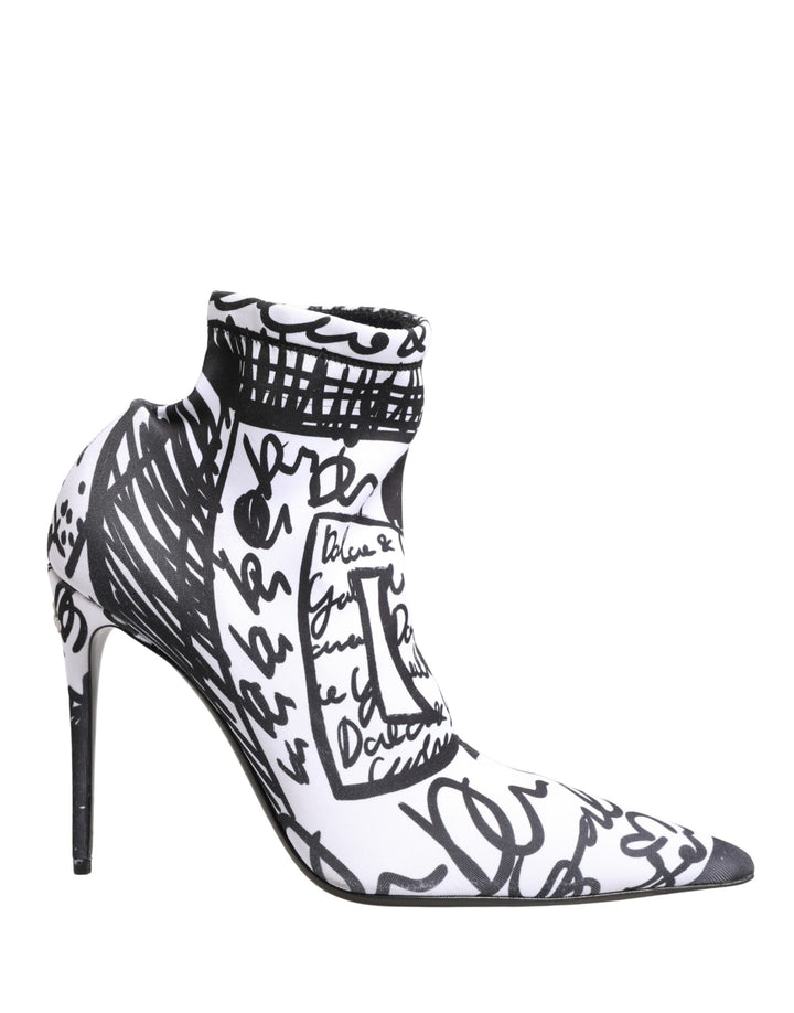 Dolce &amp; Gabbana White Graffiti Stretch Ankle Boots Shoes