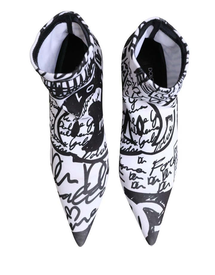Dolce &amp; Gabbana White Graffiti Stretch Ankle Boots Shoes