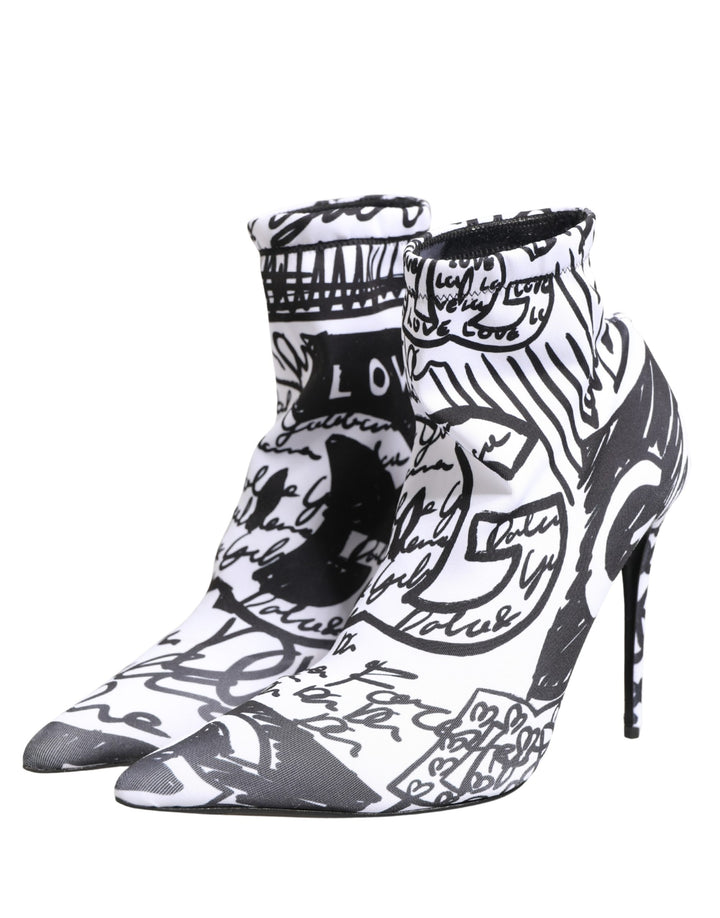 Dolce &amp; Gabbana White Graffiti Stretch Ankle Boots Shoes