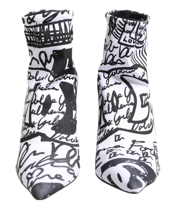 Dolce &amp; Gabbana White Graffiti Stretch Ankle Boots Shoes
