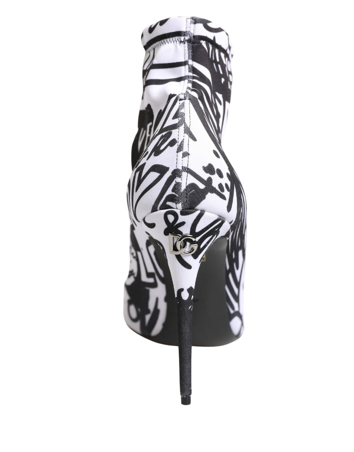 Dolce &amp; Gabbana White Graffiti Stretch Ankle Boots Shoes