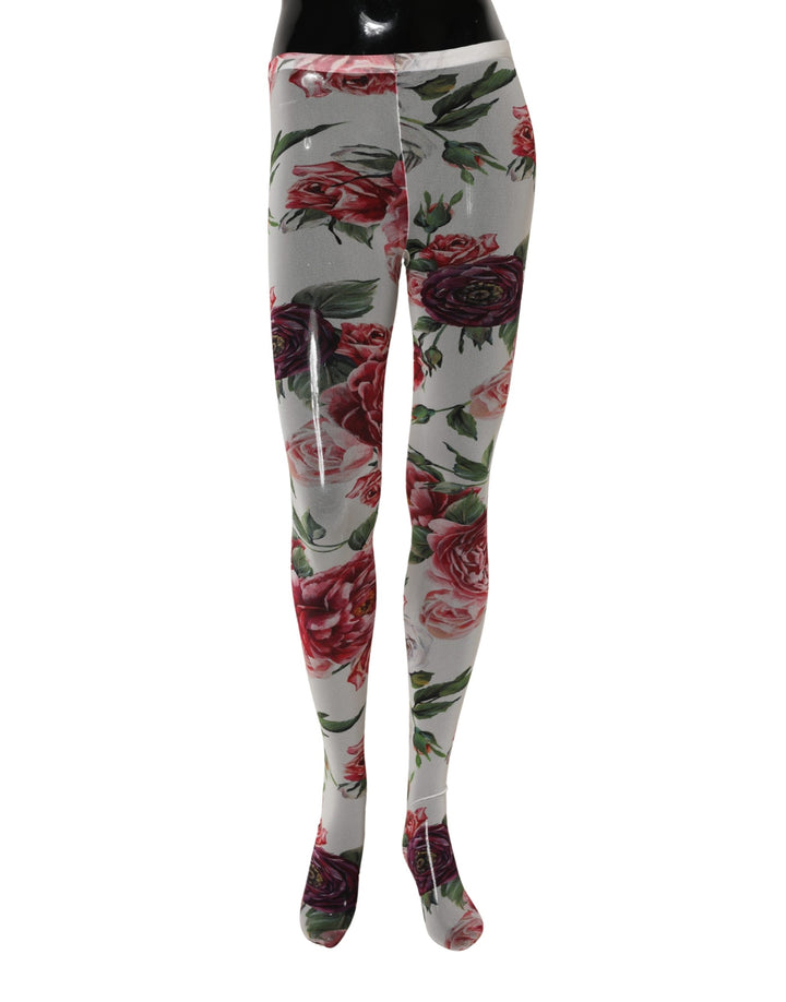 Dolce &amp; Gabbana White Nylon Floral Print Tights Stockings Socks