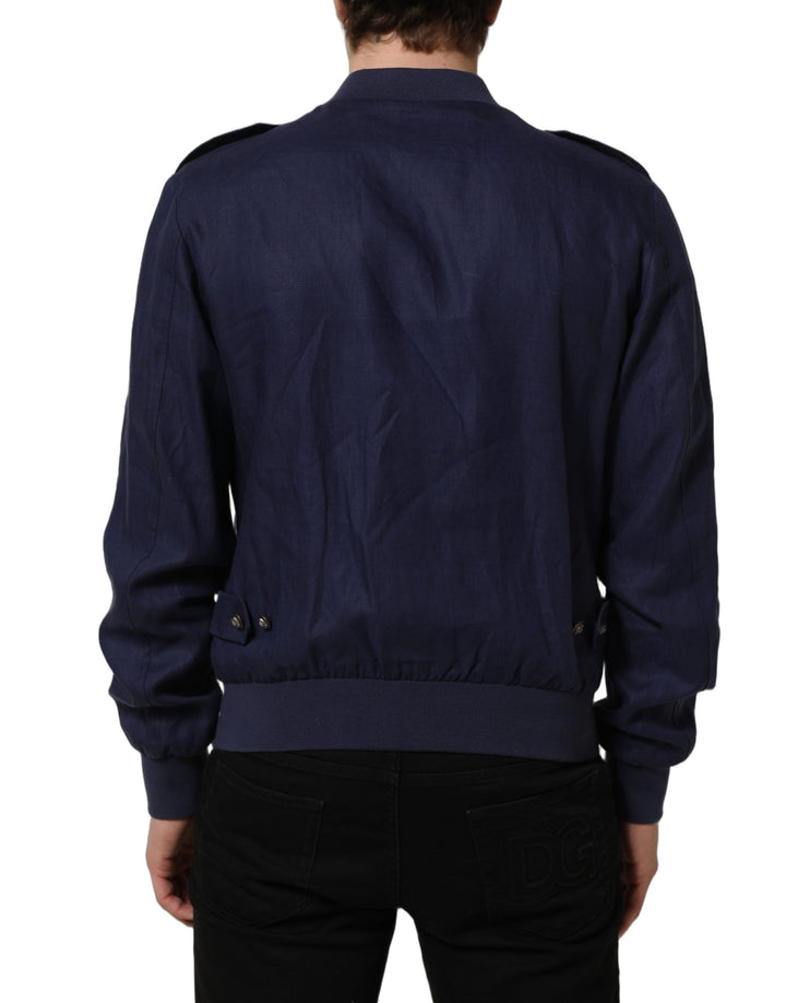 Dolce &amp; Gabbana Blue Linen Full Zip Men Bomber Jacket
