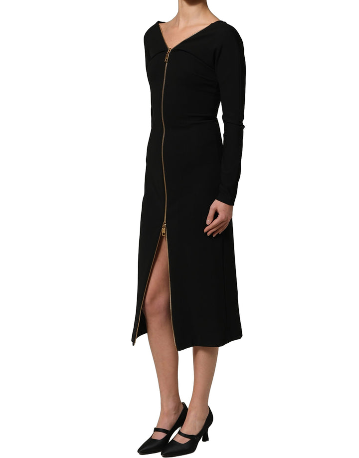 Dolce &amp; Gabbana Black Long Sleeves Front Zipper Midi Dress