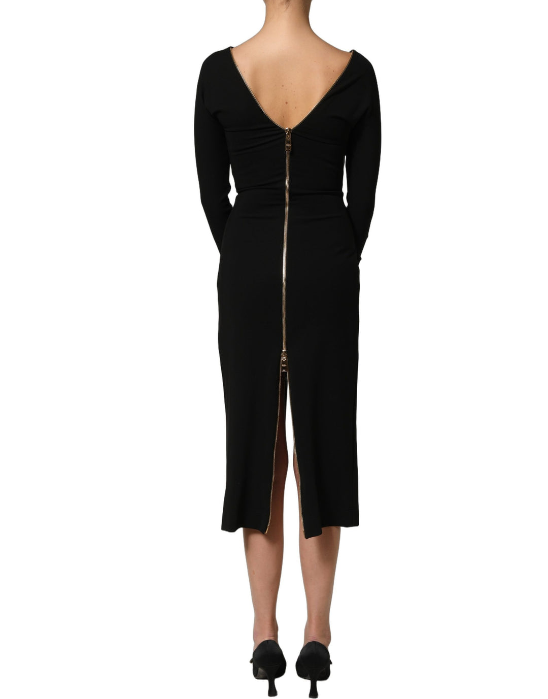 Dolce &amp; Gabbana Black Long Sleeves Front Zipper Midi Dress