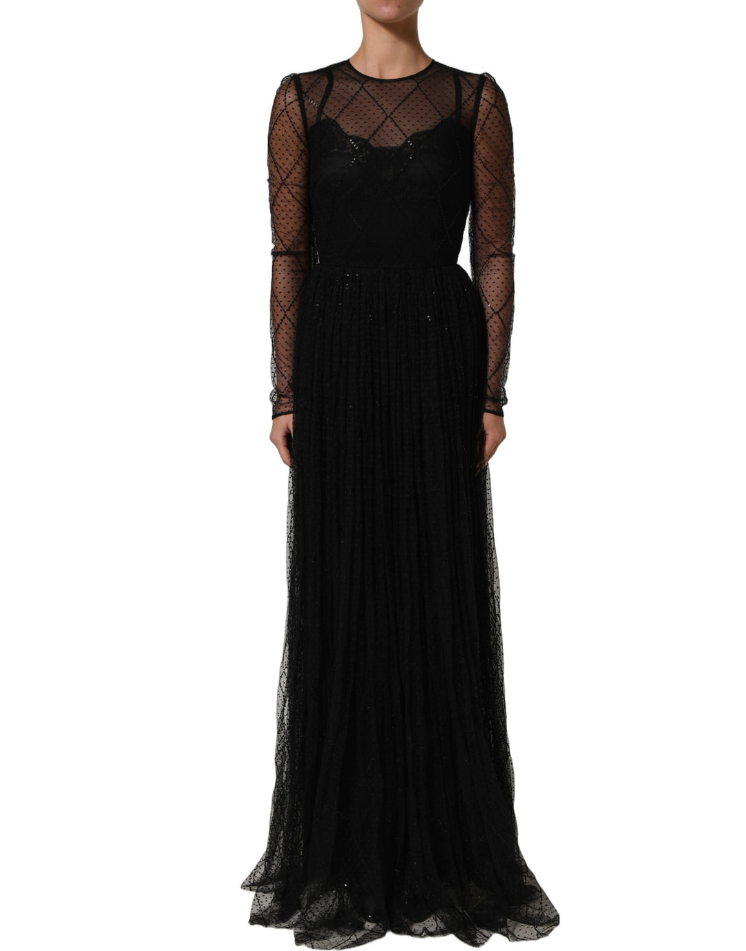 Dolce &amp; Gabbana Black Mesh Lace Long Sleeved Maxi Gown Dress