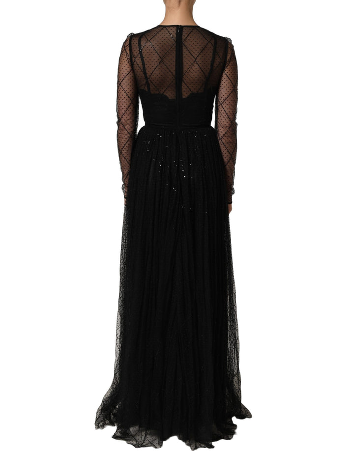 Dolce &amp; Gabbana Black Mesh Lace Long Sleeved Maxi Gown Dress