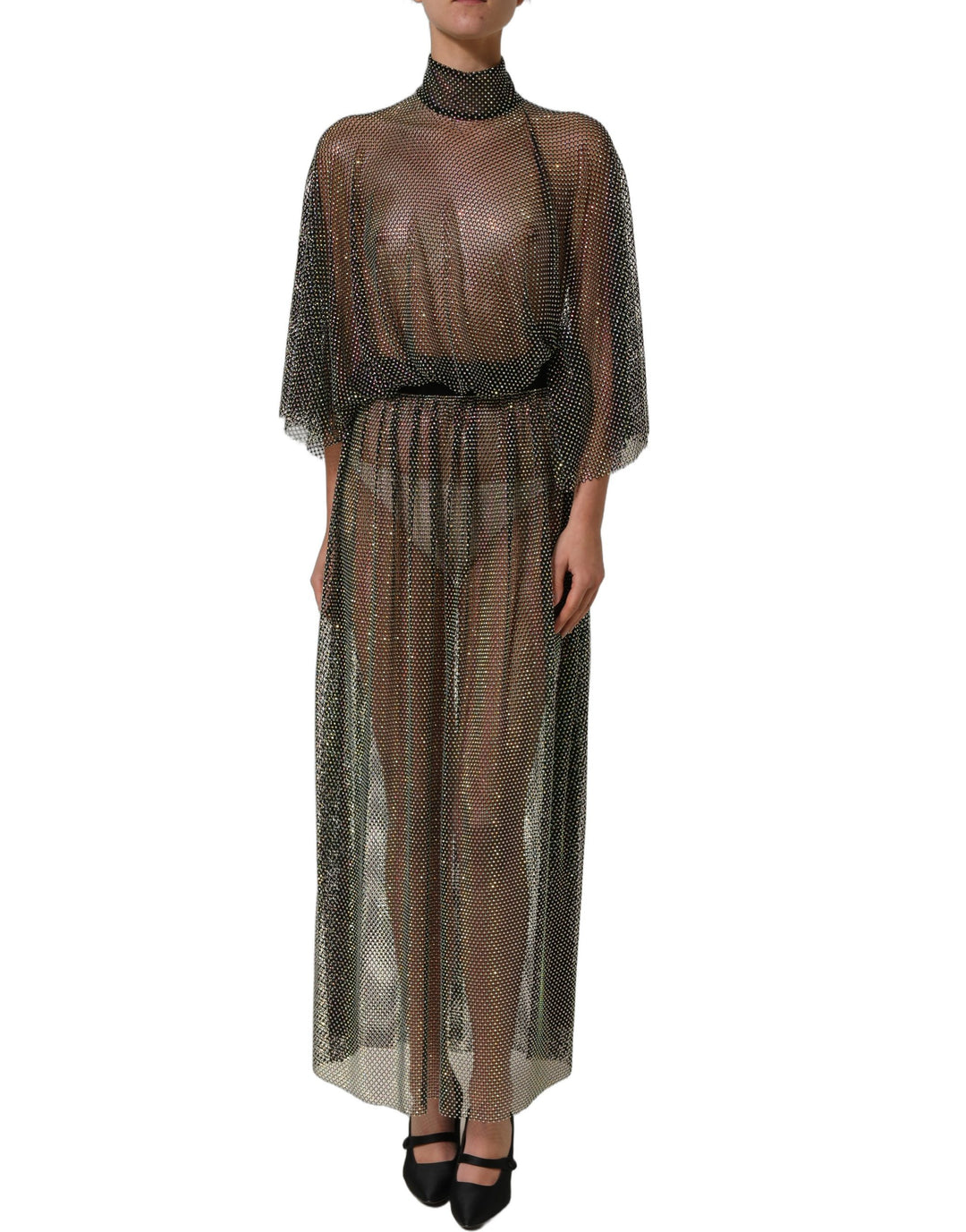 Dolce &amp; Gabbana Black Rhinestone Mesh Turtleneck Maxi Dress