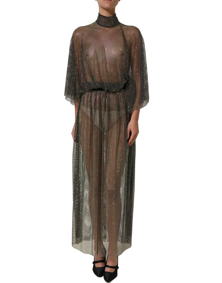 Dolce &amp; Gabbana Black Rhinestone Mesh Turtleneck Maxi Dress