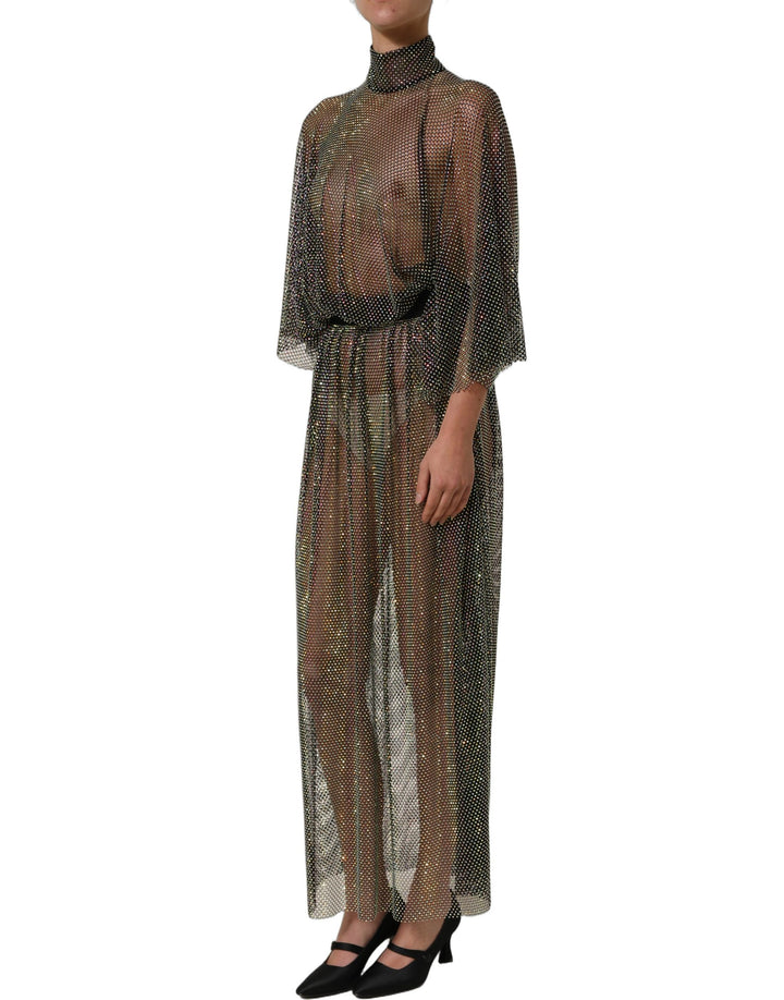 Dolce &amp; Gabbana Black Rhinestone Mesh Turtleneck Maxi Dress
