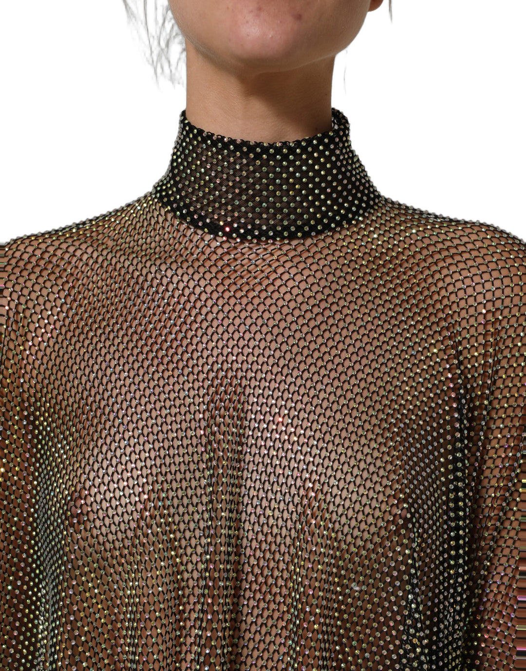 Dolce &amp; Gabbana Black Rhinestone Mesh Turtleneck Maxi Dress