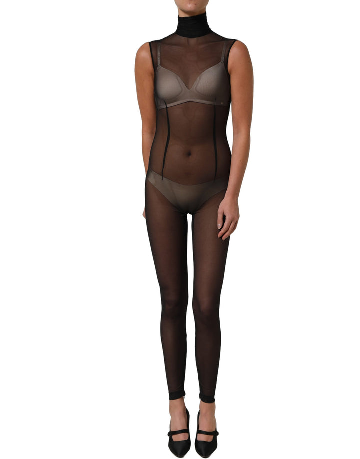 Dolce &amp; Gabbana Black Sheer Mesh Jumpsuit Turtleneck Dress