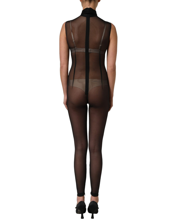 Dolce &amp; Gabbana Black Sheer Mesh Jumpsuit Turtleneck Dress