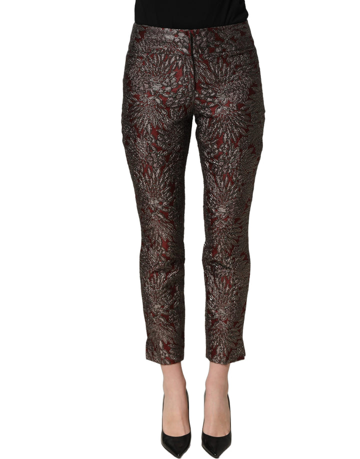 Dolce &amp; Gabbana Burgundy Grey Floral Jacquard Straight Pants