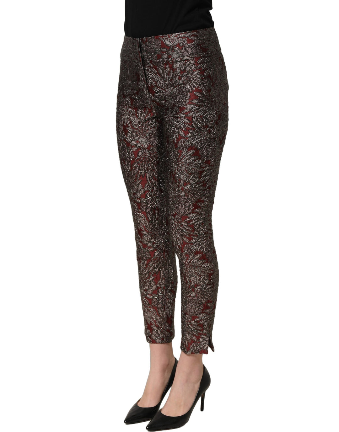 Dolce &amp; Gabbana Burgundy Grey Floral Jacquard Straight Pants