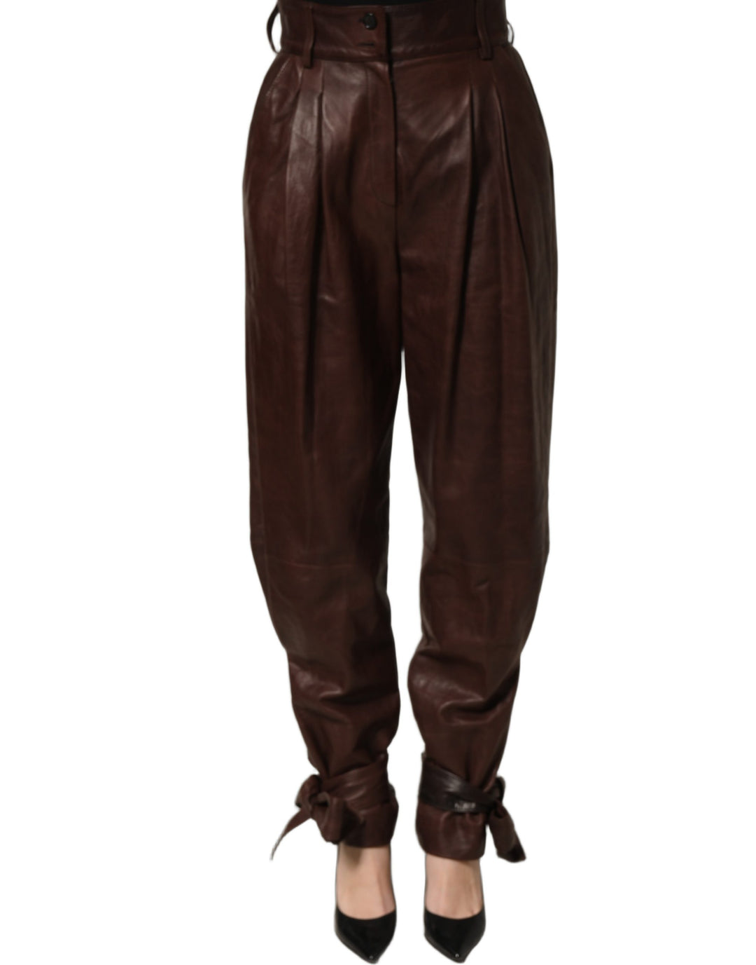 Dolce &amp; Gabbana Brown Leather High Waist Tapered Leg Pants