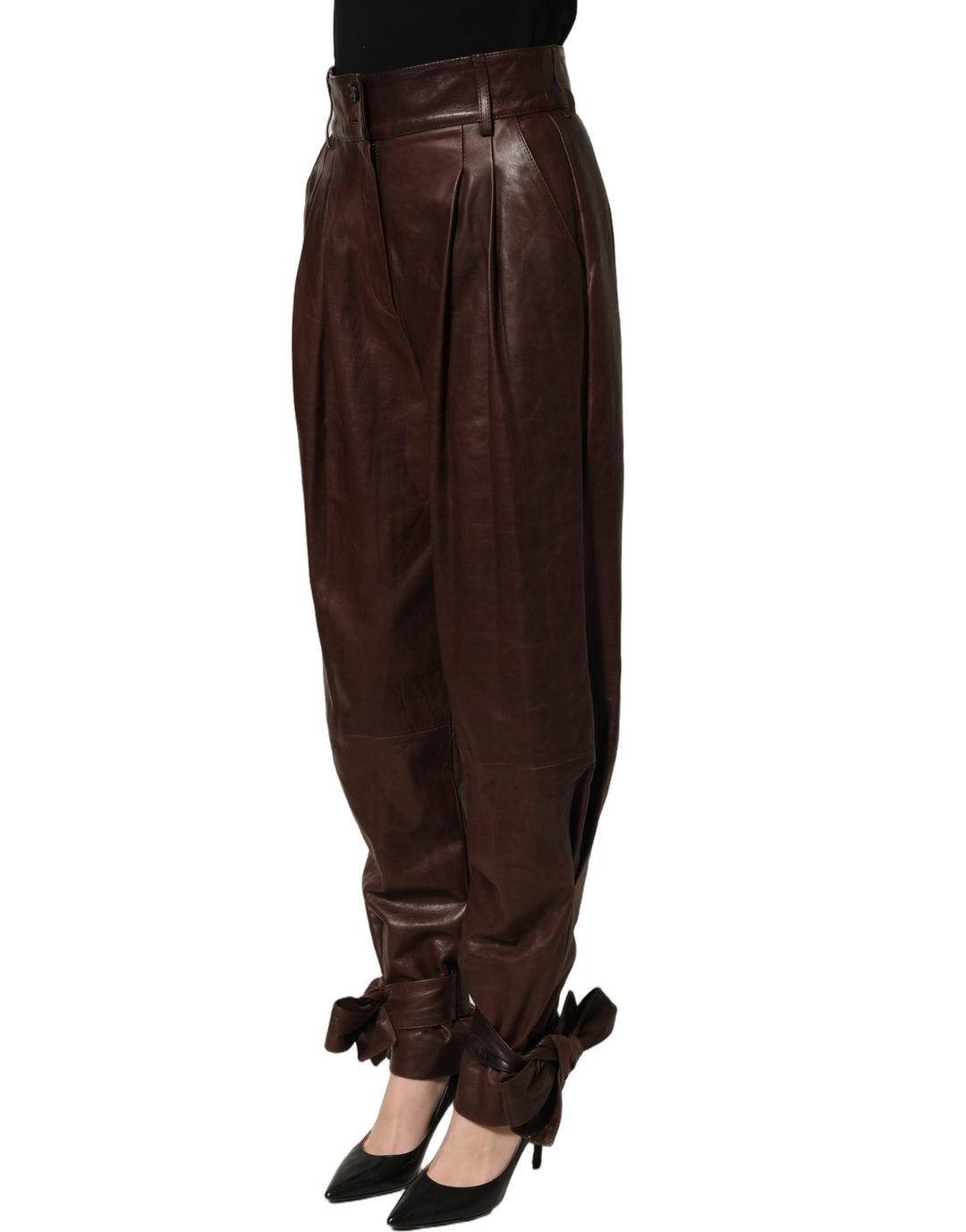 Dolce &amp; Gabbana Brown Leather High Waist Tapered Leg Pants
