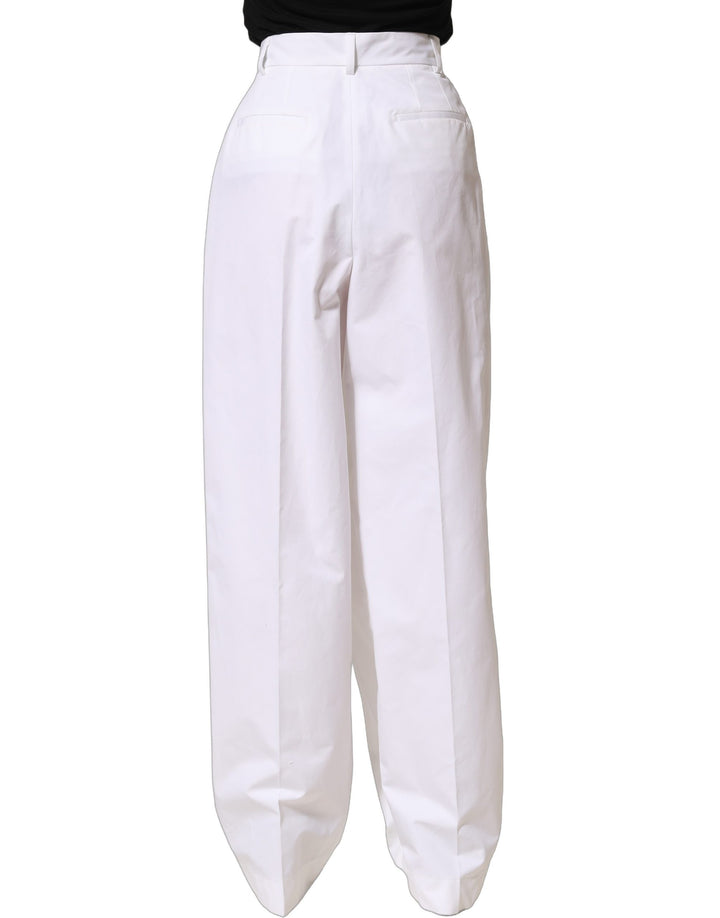 Dolce &amp; Gabbana White Cotton High Waist Pleated Wide Leg Pants