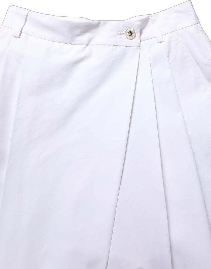 Dolce &amp; Gabbana White Cotton High Waist Pleated Wide Leg Pants