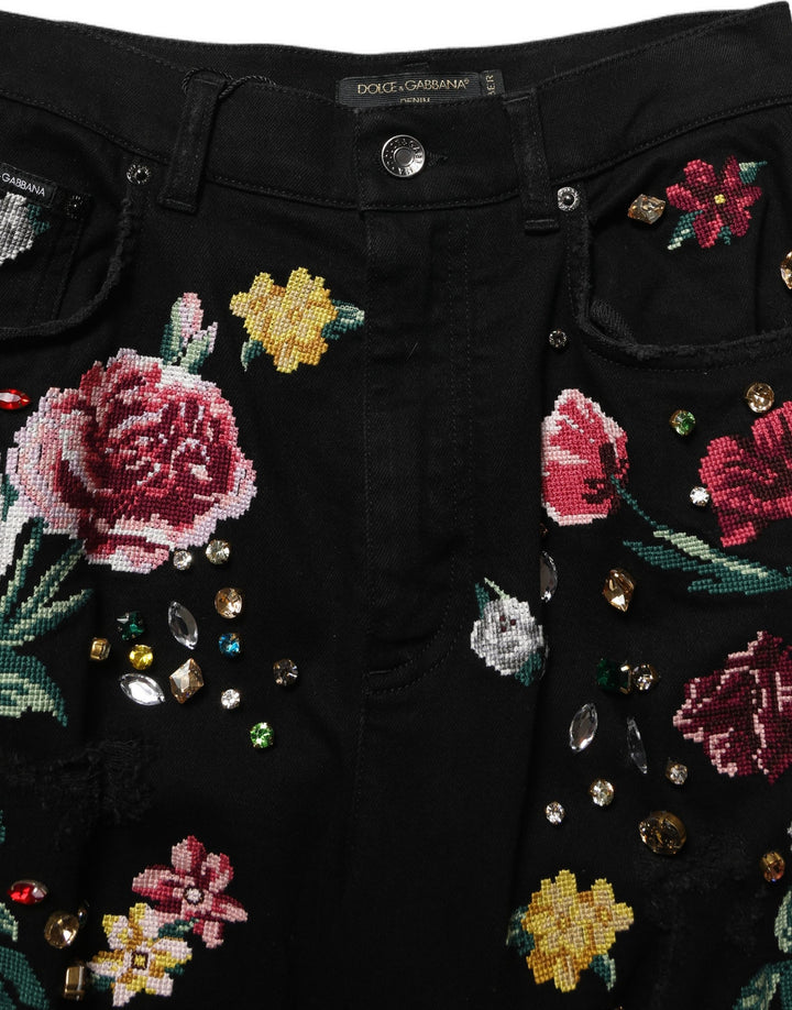Dolce &amp; Gabbana Black Floral Cotton High Waist Tapered Pants