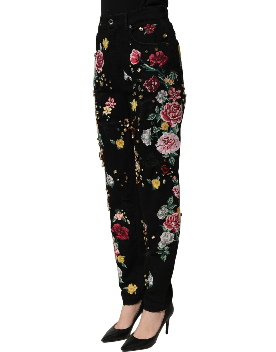 Dolce &amp; Gabbana Black Floral Cotton High Waist Tapered Pants