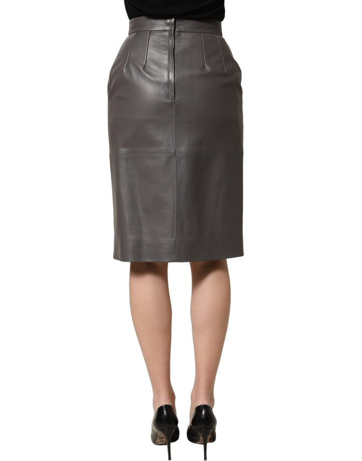 Dolce &amp; Gabbana Gray Leather High Waist Pencil Cut Midi Skirt