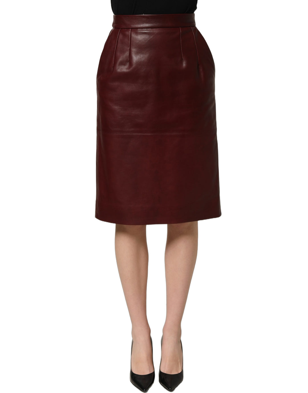 Dolce &amp; Gabbana Burgundy Leather High Waist Pencil Midi Skirt