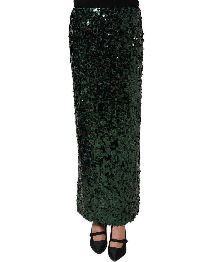 Dolce &amp; Gabbana Green Sequin High Waist Pencil Cut Midi Skirt