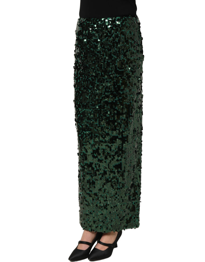 Dolce &amp; Gabbana Green Sequin High Waist Pencil Cut Midi Skirt