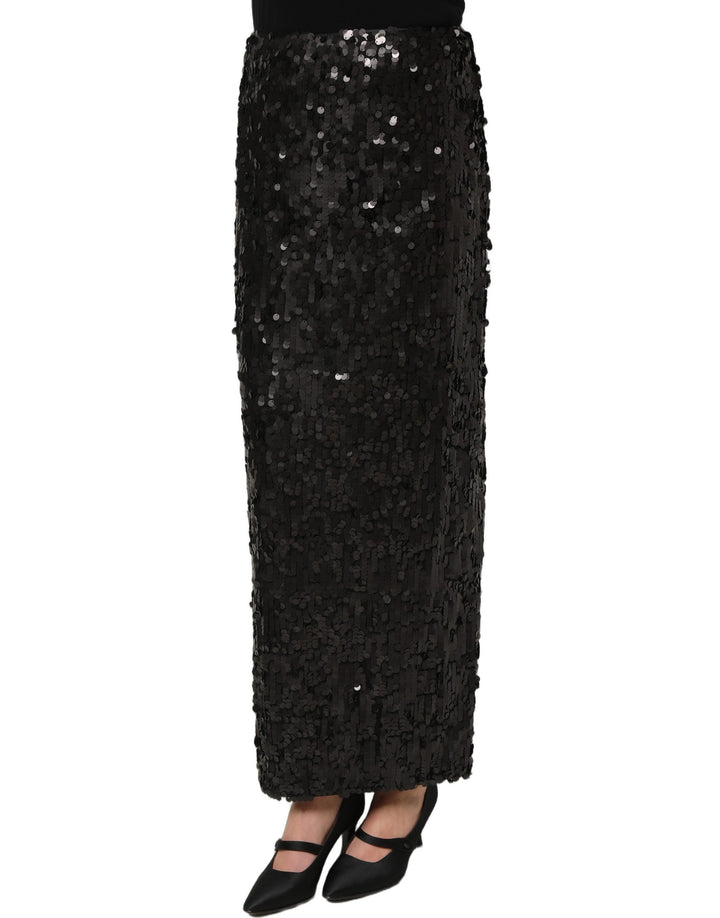 Dolce &amp; Gabbana Black Sequin High Waist Pencil Midi Skirt