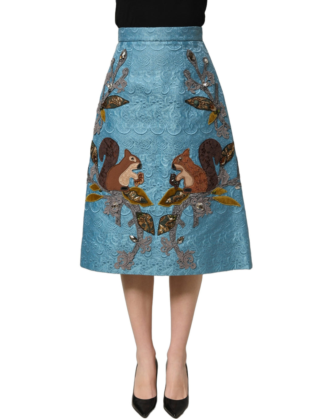 Dolce &amp; Gabbana Blue Jacquard Embroidered A-line Midi Skirt